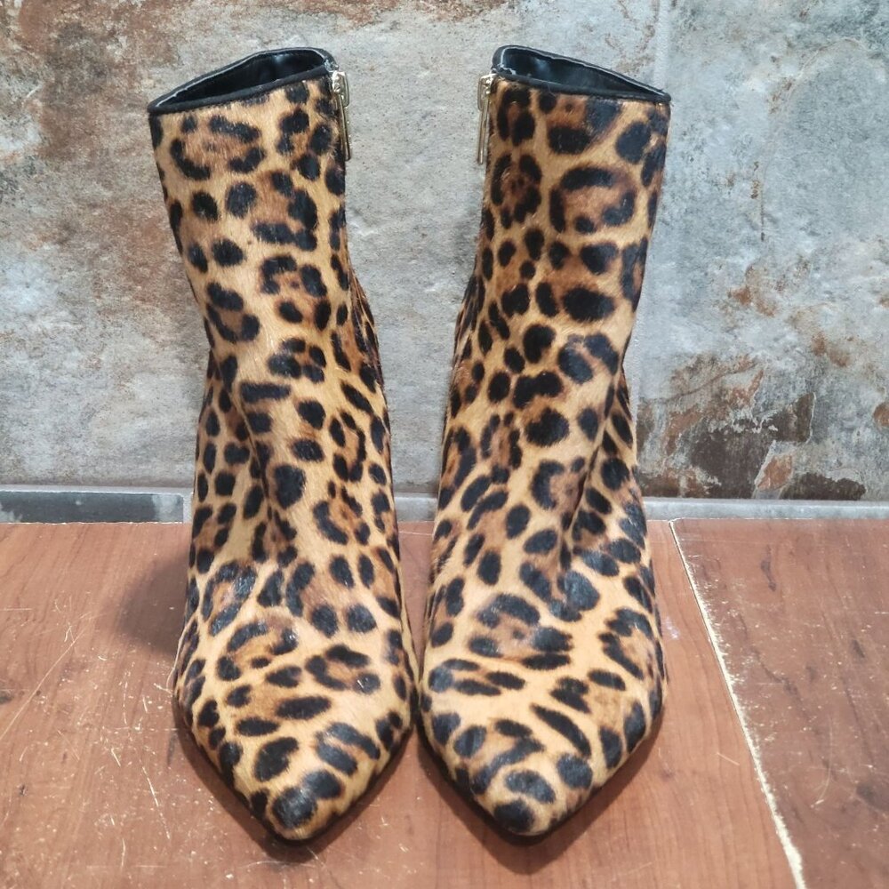 Vince Canuto Leopard Print Calf Hair Ankle Boots Pointed Toe Stiletto Heel Side